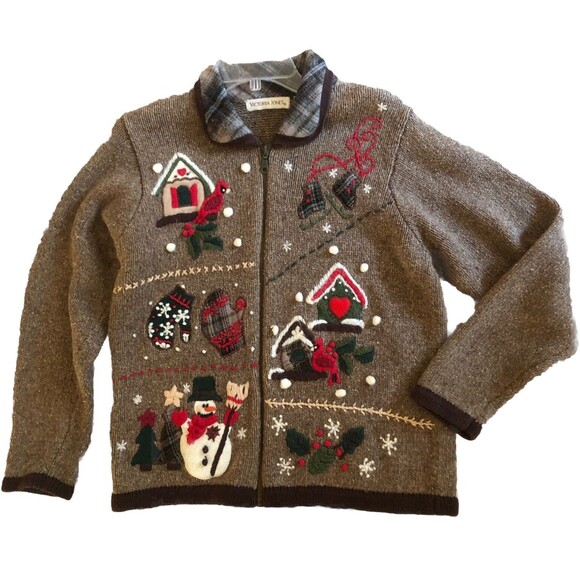 Victoria Jones Ramie Wool Cardigan Womens Sz M VTG Embroidered Patchwork Winter - Picture 15 of 16